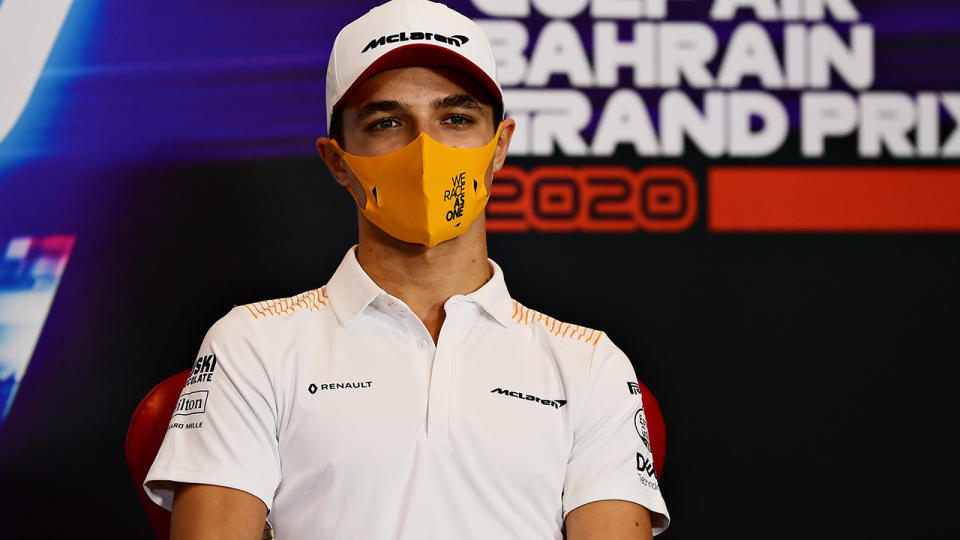 Lando Norris described encountering a marshal running across the Bahrain circuit as a 'crazy moment'. (Photo by Mario Renzi - Formula 1/Formula 1 via Getty Images)