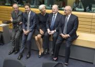 From L-R: Italian Finance Minister Pier Carlo Padoan, Eurogroup President Jeroen Dijsselbloem, International Monetary Fund Managing Director Christine Lagarde, Irish Finance Minister Michael Noonan and French Finance Minister Michel Sapin attend a Eurozone finance ministers emergency meeting on the situation in Greece in Brussels, Belgium June 25, 2015. REUTERS/Philippe Wojazer