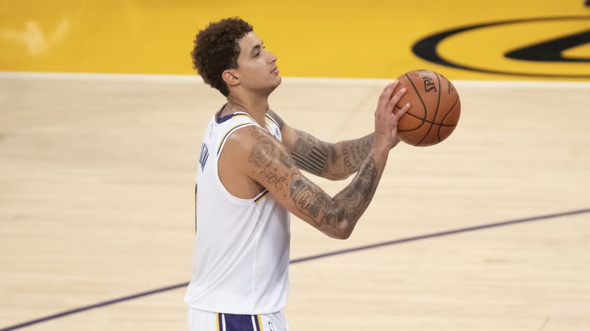 Los Angeles Lakers forward Kyle Kuzma during an NBA preseason basketball game in Los Angeles.