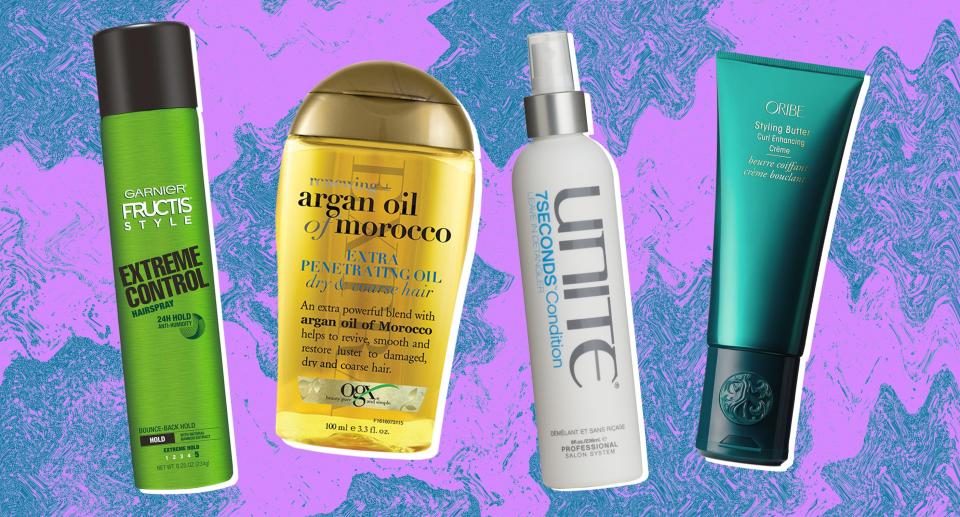 Got frizz? Then you'll want to get your hands on these hair care products to help smooth your strands. (Photos: Garnier, OGX, UNITE, Oribe; Art by Quinn Lemmers for Yahoo Lifestyle)