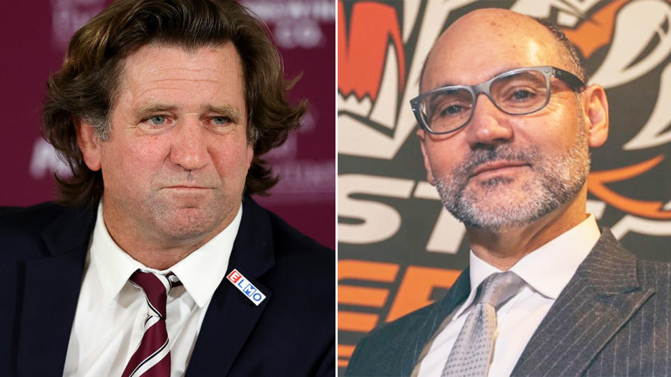 Pictured right is Wests Tigers boss Lee Hagipantelis and Des Hasler is on the left.