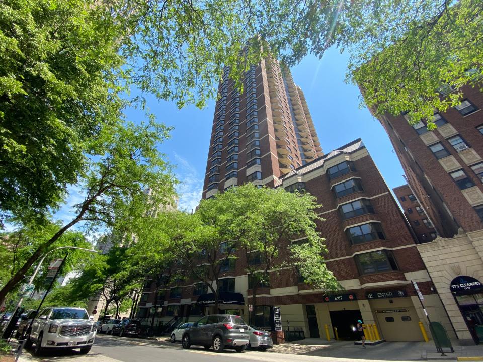 the exterior of 1133 N. Dearborn in chicago through the trees