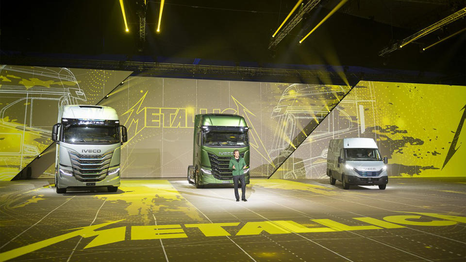 The Iveco heavy-duty trucks and electric shuttle bus that Metallica will use on the European leg of the M72 tour