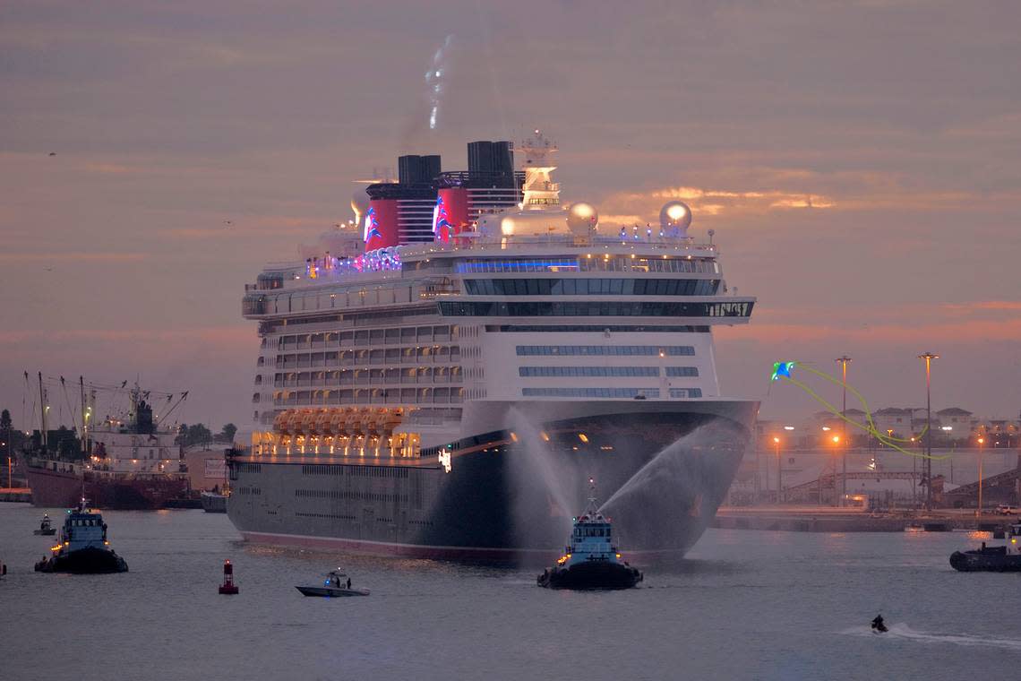 (Jan. 4, 2011): The Disney Dream, Disney Cruise Line’s newest ship, arrives Jan. 4, 2011 for the first time to her home port of Port Canaveral, Fla. after traveling approximately 6,500 miles across the Atlantic Ocean from Bremerhaven, Germany.  The 4,000-passenger Disney Dream will welcome guests on her maiden voyage on Jan. 26, 2011, and is scheduled to sail three-, four- and five-night cruises to the Bahamas and Disney’s private island Castaway Cay, from Port Canaveral.    (David Roark, photographer)