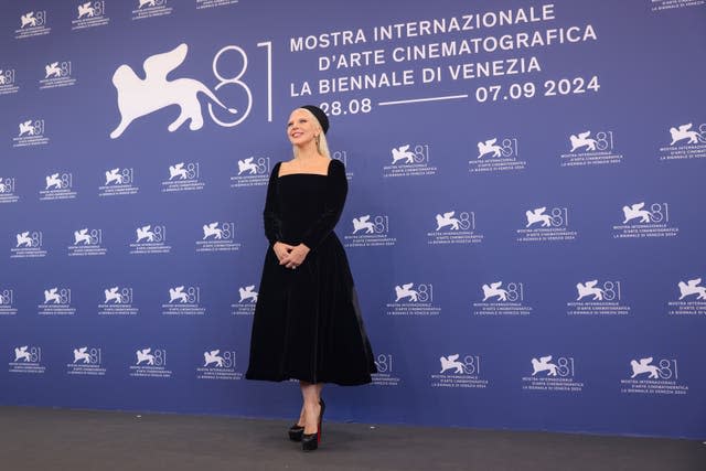 Lady Gaga in a black dress at the Venice Film Festival