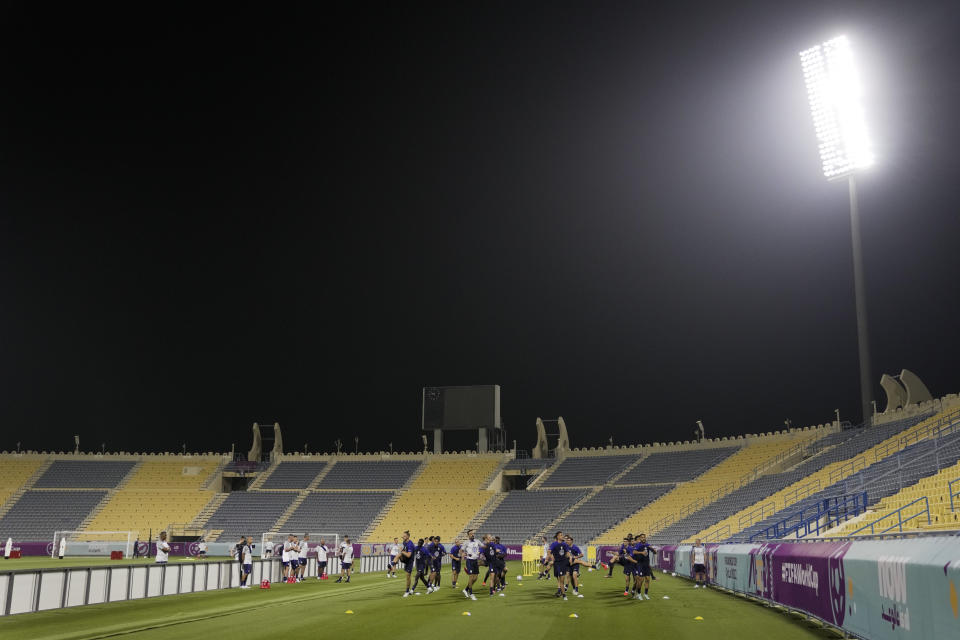 The United States team participates in an official training session at Al-Gharafa SC Stadium, in Doha, Saturday, Nov. 19, 2022. (AP Photo/Ashley Landis)