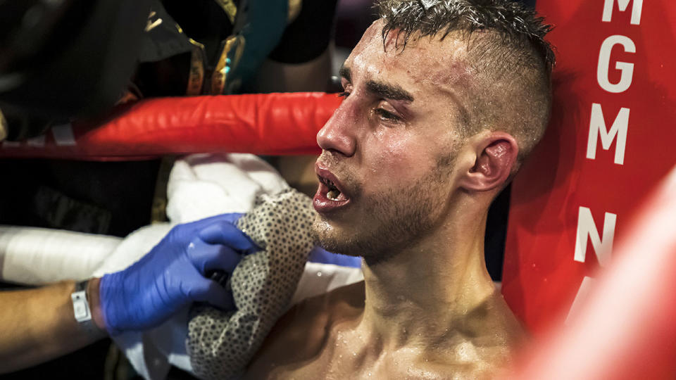 Maxim Dadashev, pictured getting treatment from trainers after his fight against Subriel Matias was called off.