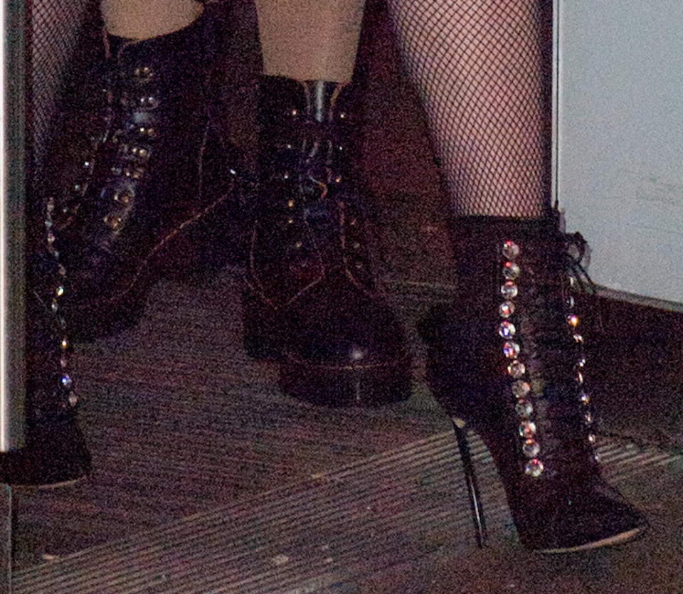 A closer look at Madonna’s lace-up black booties. - Credit: BeautifulSignatureIG / SplashNews.com