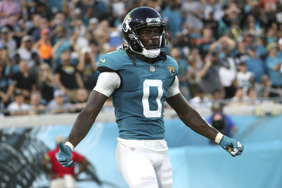 Jacksonville Jaguars wide receiver Calvin Ridley (0) reacts after getting a pass interference call during the first half of an NFL preseason football game against the Miami Dolphins, Saturday, Aug. 26, 2023, in Jacksonville, Fla. (AP Photo/Gary McCullough)