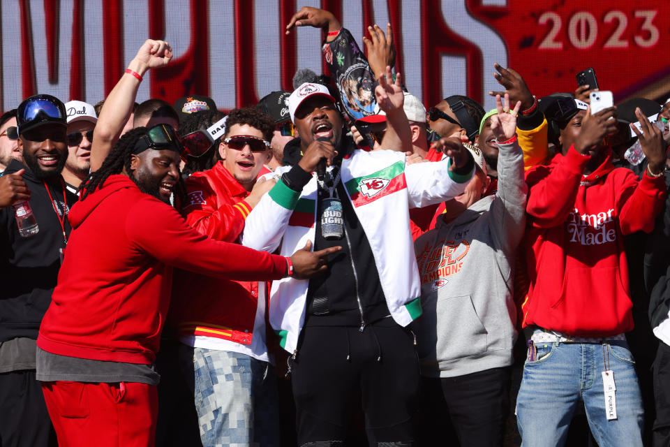 Travis Kelce Sings and Patrick Mahomes Is Shirtless at Chiefs Parade