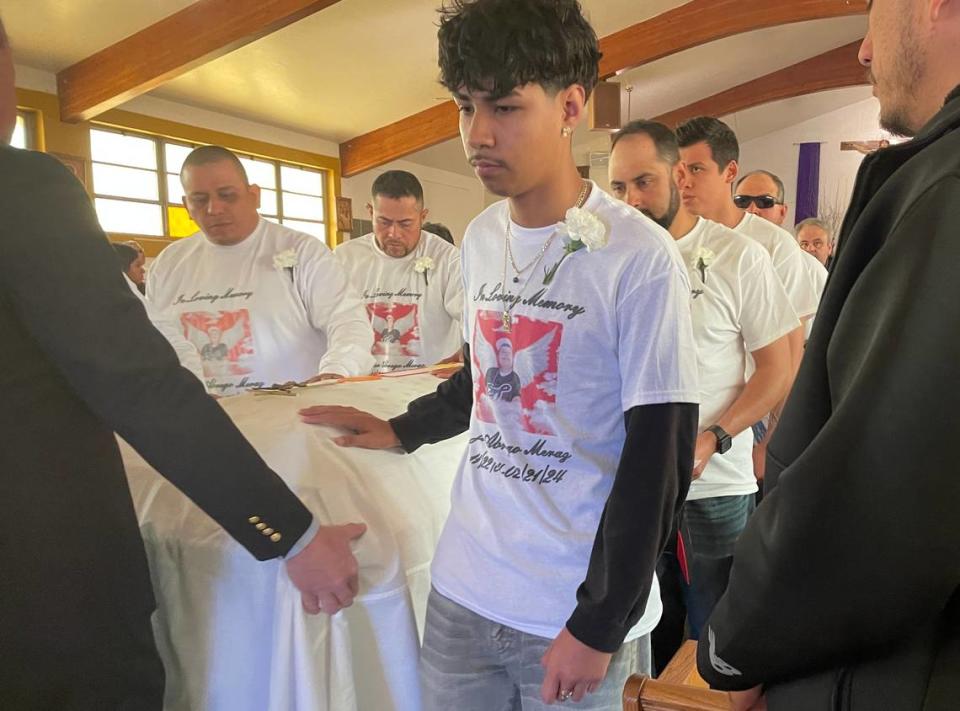 Pallbearers lead casket out of church at Jose Antonio Abrego Meraz’s funeral at St. Anthony Mary Claret Catholic Church in Fresno on Monday, March 11, 2024. Abrego died in a workplace accident at Sanger-based Pitman Family Farms in February.