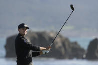 Ludvig Åberg watches his shot from the 18th tee at Pebble Beach Golf Links during the second round of the AT&T Pebble Beach National Pro-Am golf tournament in Pebble Beach, Calif., Friday, Feb. 2, 2024. (AP Photo/Eric Risberg)