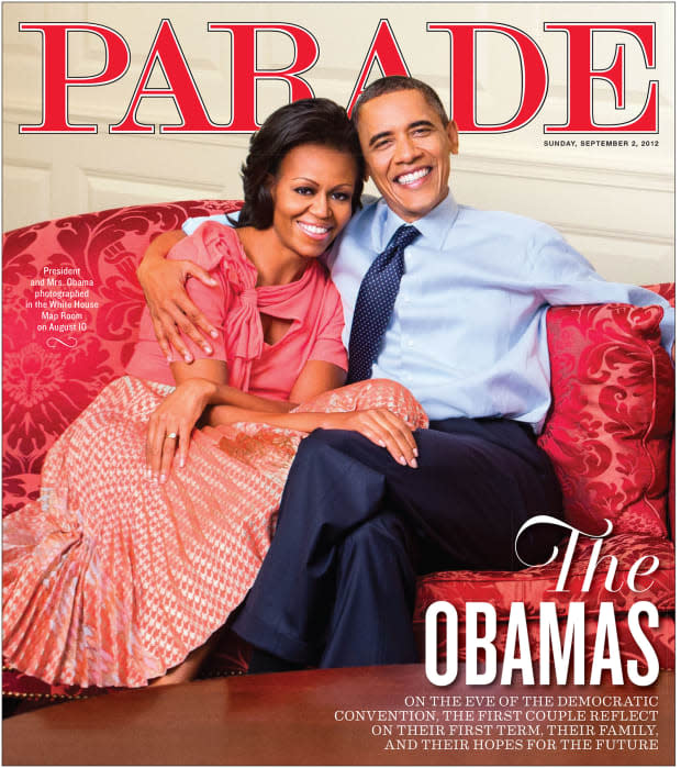 <p>President Barack and <a href="https://parade.com/539682/lindsaylowe/happy-birthday-michelle-obama-10-of-her-best-quotes-on-hope-fear-and-moving-forward/" rel="nofollow noopener" target="_blank" data-ylk="slk:Michelle Obama;elm:context_link;itc:0;sec:content-canvas" class="link ">Michelle Obama</a> posed for our Sept. 2, 2012, cover on the eve of the Democratic National Convention, then unaware that Barack would soon be elected into his second term.</p>