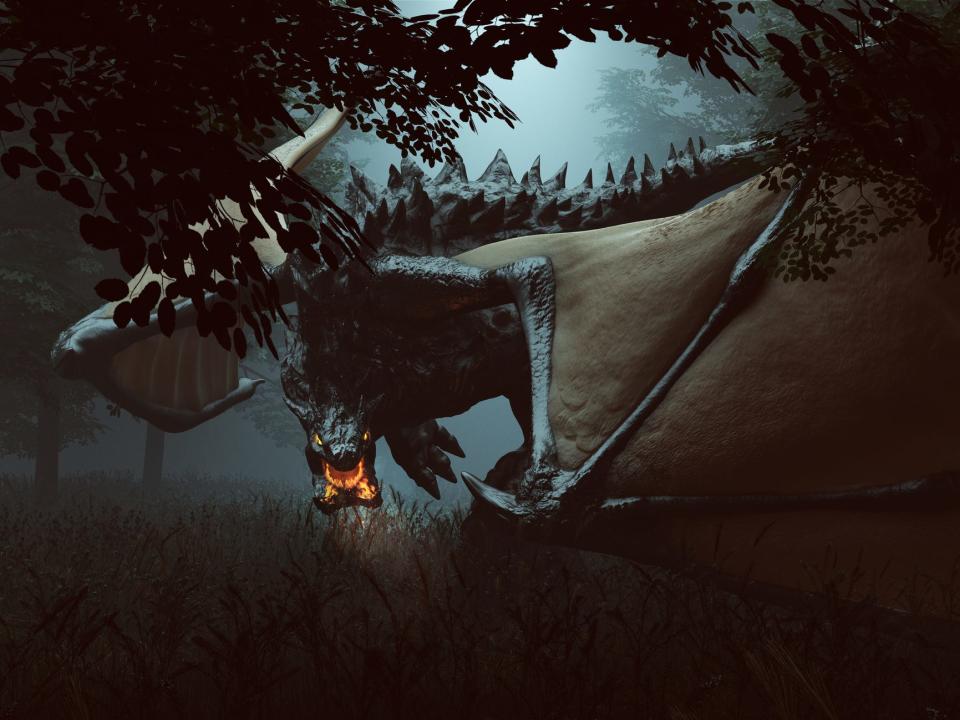 A black dragon in a forest.