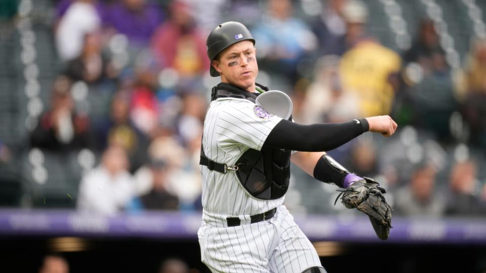 Colorado Rockies catcher Brian Serven (6) in the sixth inning of a baseball game Wednesday, April 19, 2023, in Denver. (AP Photo/David Zalubowski)