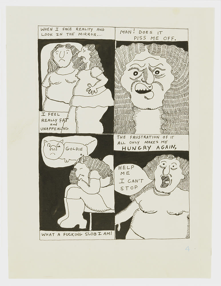 Aline Kominsky-Crumb, "Goldie Fanatic Frustation," page 4, 1975, ink on paper, 12 pages (Photo: David Zwirner)