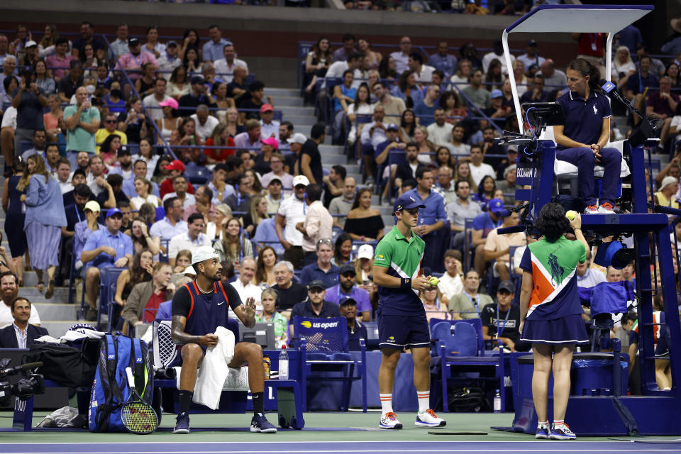 Nick Kyrgios, pictured here speaking to the chair umpire during his clash with Daniil Medvedev at the US Open.