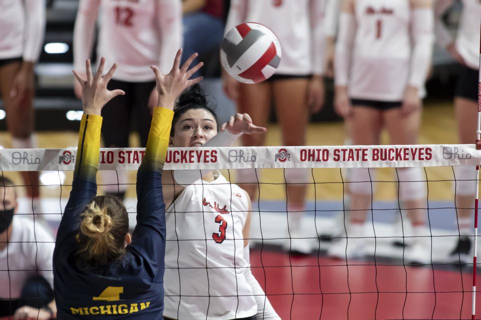 Ohio State's Mia Grunze spikes the ball earlier this season. The Buckeyes are 25-5 and the No. 9 seed in the NCAA tournament.