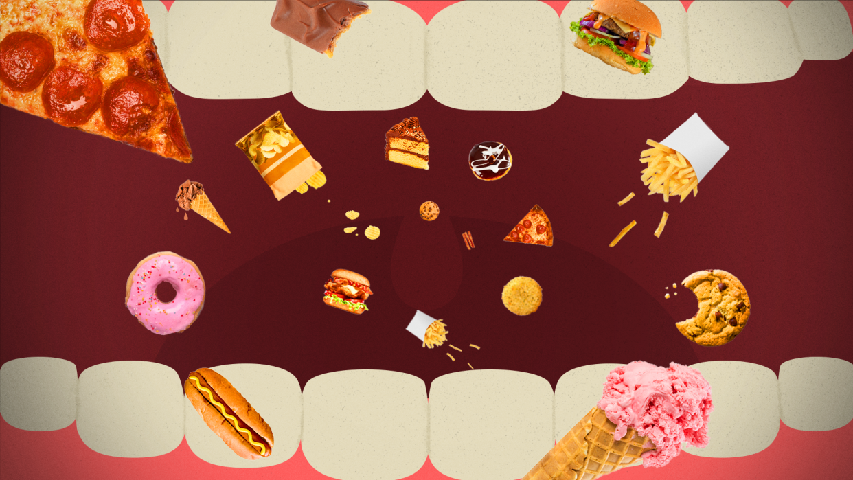 Food addiction illustration with an open mouth showing teeth and junk food floating around.