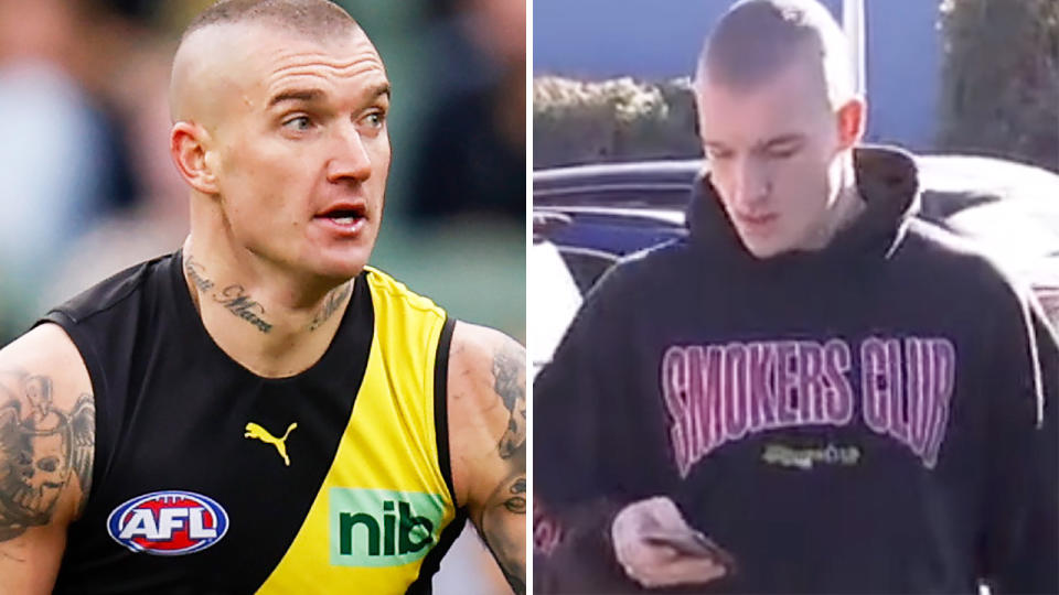 In side by side pictures, Dustin Martin is pictured playing for Richmond on the left, and arriving for scans on his injured hamstring on the right.