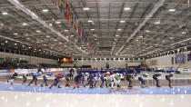 FILE - Skaters compete during women's mass start race at the World Cup speedskating event at the Utah Olympic Oval, on Dec. 5, 2021, in Kearns, Utah. Salt Lake City's enduring enthusiasm for hosting the Olympics will be on full display Wednesday, April, 10, 2024, when members of the International Olympic Committee come to Utah for a site visit ahead of a formal announcement expected this July to name Salt Lake City the host for the 2034 Winter Olympics. (AP Photo/Rick Bowmer, File)