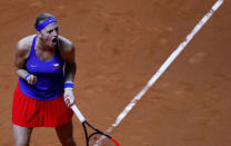 Tennis - Fed Cup - World Group Semi Final - Germany vs Czech Republic - Porsche Arena, Stuttgart, Germany - April 22, 2018 Czech Republic’s Petra Kvitova celebrates during her singles match against Germany’s Angelique Kerber REUTERS/Kai Pfaffenbach