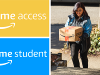 The logo for Amazon Prime Access, the logo for Amazon Prime Student, and an Amazon worker delivering a package.