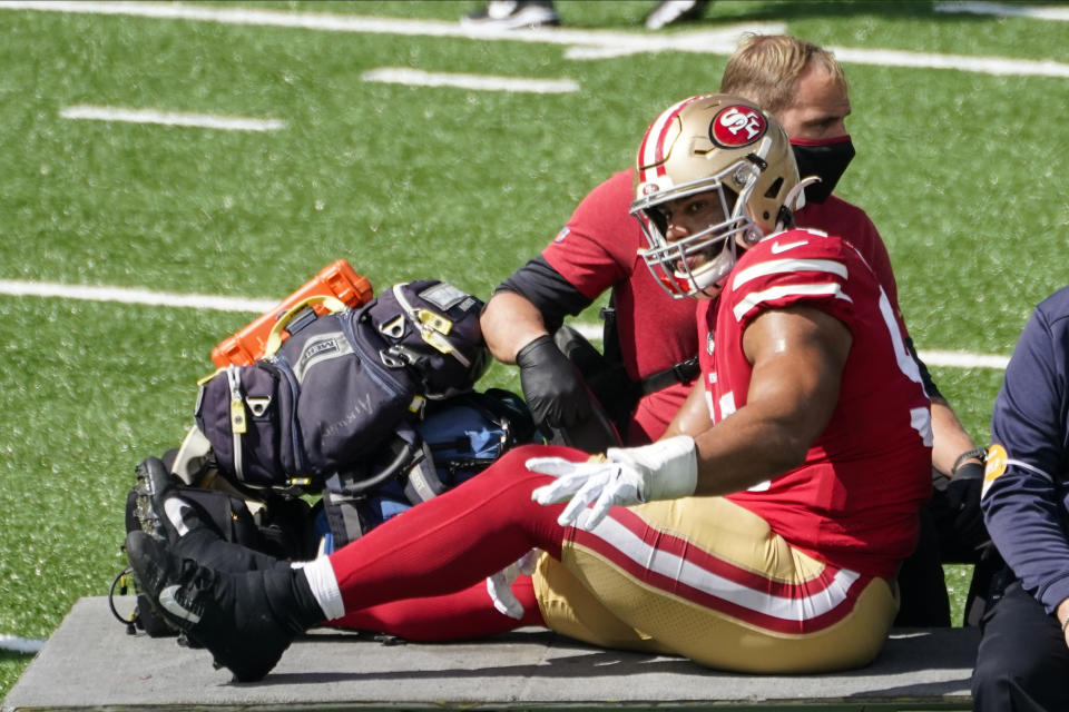 San Francisco 49ers' Solomon Thomas (94) is carted off the field during the first half of an NFL football game against the New York Jets, Sunday, Sept. 20, 2020, in East Rutherford, N.J. (AP Photo/Corey Sipkin)