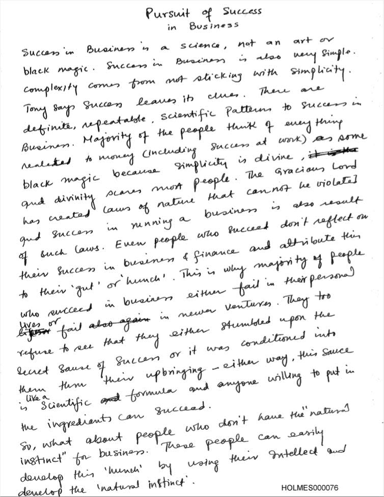 Handwritten note submitted into evidence during United States v. Elizabeth A. Holmes trial