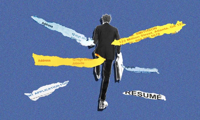 A collage-style image featuring a person walking away, surrounded by torn pieces of paper with words "address," "resume," "address," "highlights," and contact information "123 Million Street, Atlanta, GA 12345; 800-000-5678."