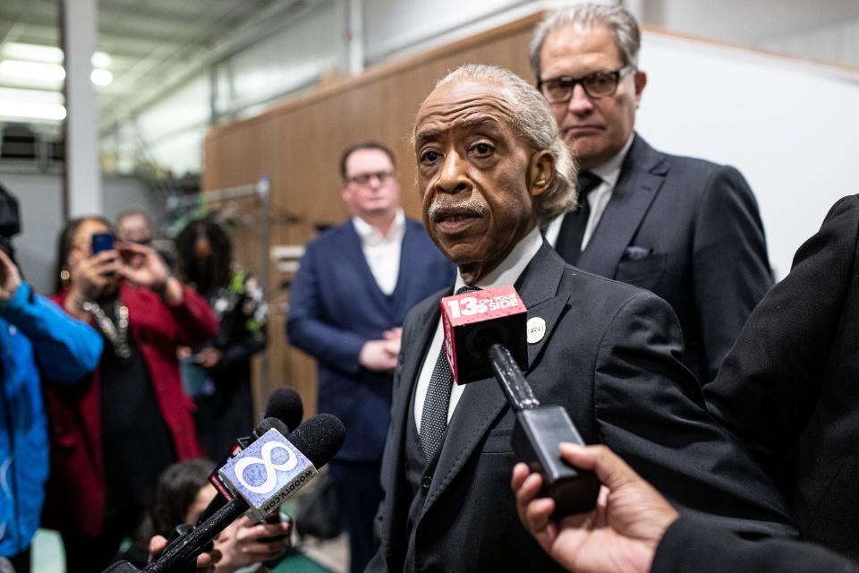 Rev. Al Sharpton speaks to local media after Patrick Lyoya's funeral at the Renaissance Church of God in Christ in Grand Rapids on April 22, 2022.