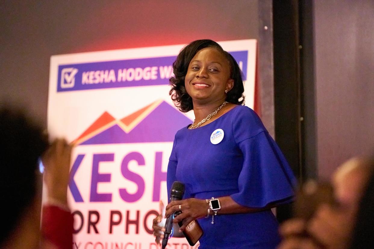 Kesha Hodge Washington delivers her victory speech during her election watch party at Warehouse 215 in Phoenix on March 14, 2023.