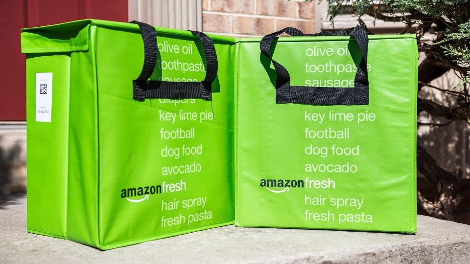 Insulated grocery delivery bags on front porch