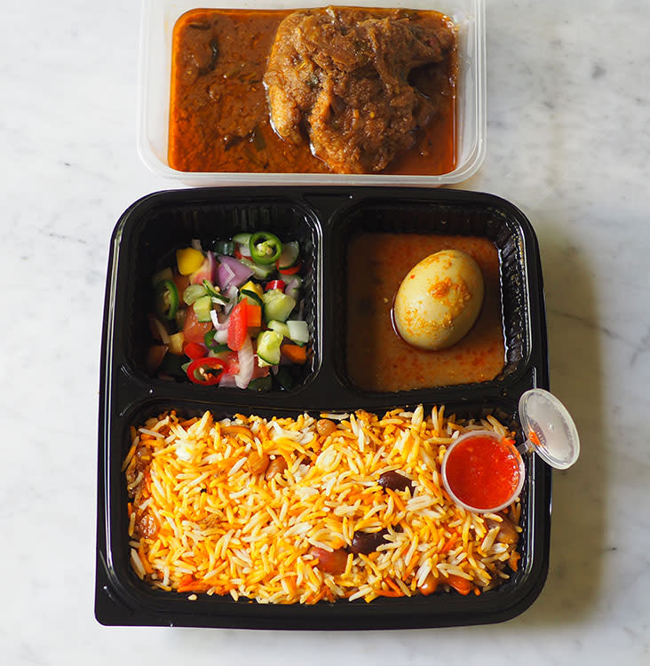 Your takeaway for the rice dishes is served in a container that makes it easy to eat at the office