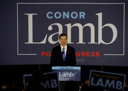 FILE PHOTO: U.S. Democratic congressional candidate Conor Lamb speaks during his election night rally in Pennsylvania's 18th U.S. Congressional district special election against Republican candidate and State Rep. Rick Saccone, in Canonsburg, Pennsylvania, March 13, 2018. REUTERS/Brendan McDermid/File Photo