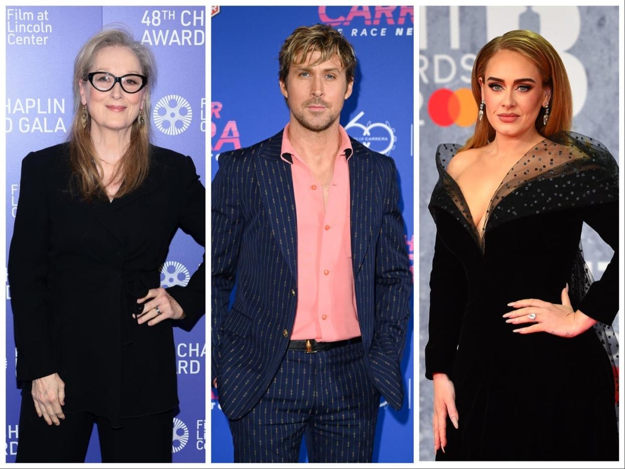 Collage of Meryl Streep, Ryan Gosling, and Adele.