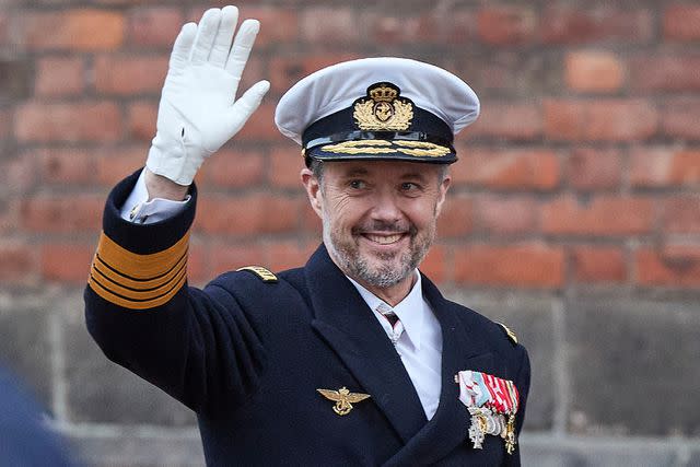 <p>MIKKEL BERG PEDERSEN/Ritzau Scanpix/AFP via Getty</p> King Frederik X greets the crowd after a church service celebrating the change of reign at Aarhus Cathedral on Jan. 21.