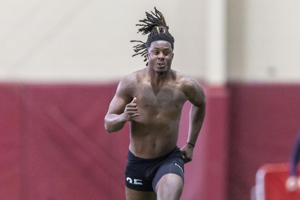 Former Alabama defensive back Kool-Aid McKinstry runs the 40-yard dash at Alabama's NFL football pro day, Wednesday, March 20, 2024, in Tuscaloosa, Ala. (AP Photo/Vasha Hunt)