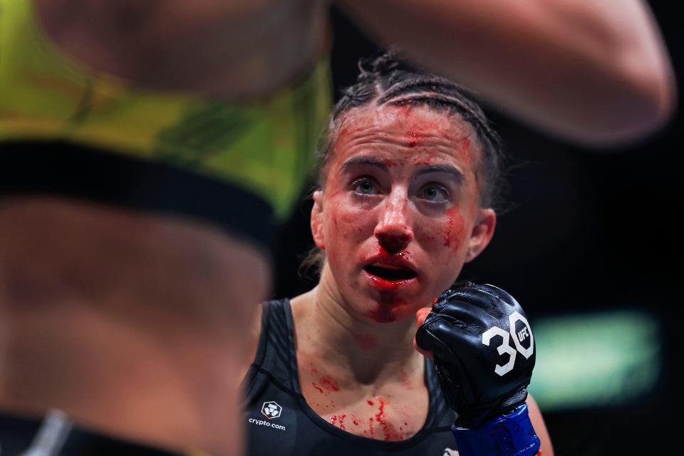 Maycee Barber looks on to Amanda Ribas in a women’s flyweight bout during the UFC Fight Night event Saturday, June 24, 2023 at VyStar Veterans Memorial Arena in Jacksonville, Fla. Maycee Barber defeated Amanda Ribas with a knock out/technical knock out in the second round.