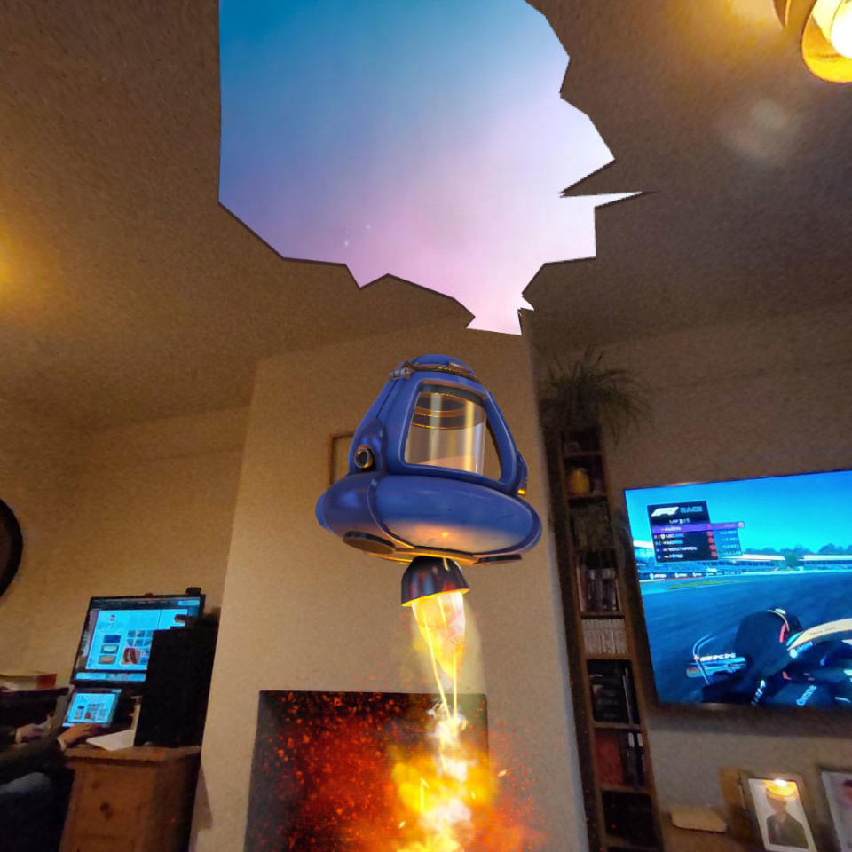 Meta Quest 3 VR screen grab showing firey flying object in room