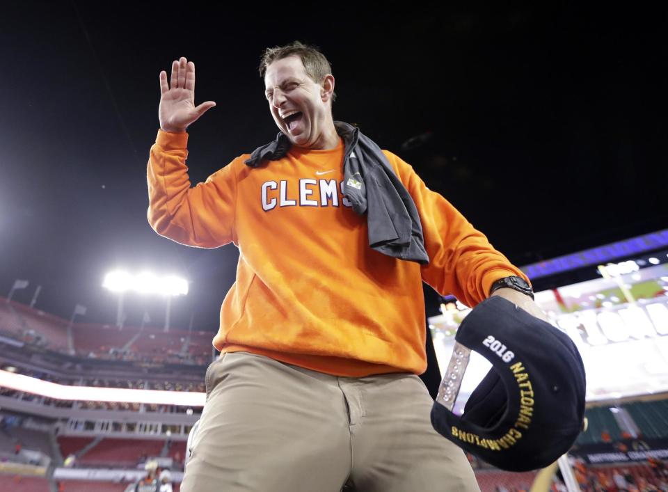 Clemson head coach Dabo Swinney celebrates after the NCAA college football playoff championship game against Alabama Tuesday, Jan. 10, 2017, in Tampa, Fla. Clemson won 35-31. (AP Photo/David J. Phillip)