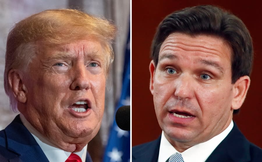 <sub>This combination of the photos shows former President Donald Trump, left, and Florida Gov. Ron DeSantis, right. (AP Photo/File)</sub>