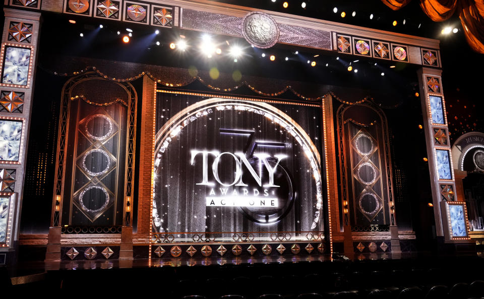 FILE - The stage appears before the start of the 75th annual Tony Awards on June 12, 2022 in New York. The 76th Annual Tony Awards will broadcast live from the United Palace in New York on Sunday, June 11, 2023. (Photo by Charles Sykes/Invision/AP, File)