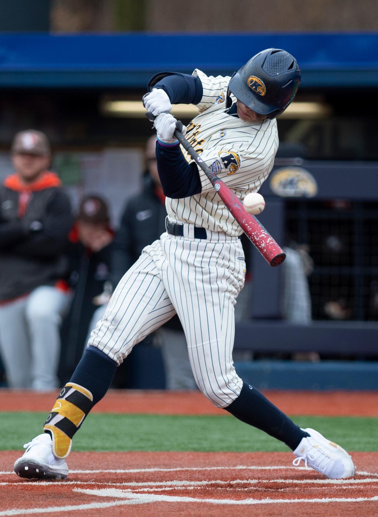 Game 2 in the Kent State, Bowling Green series at Schoonover Stadium. Kyle Jackson makes contact at bat.