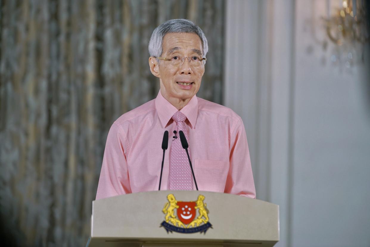 PM Lee Hsien Loong at the recording of his remarks on the COVID-19 outbreak televised on 12 March, 2020. (PHOTO: MCI) 