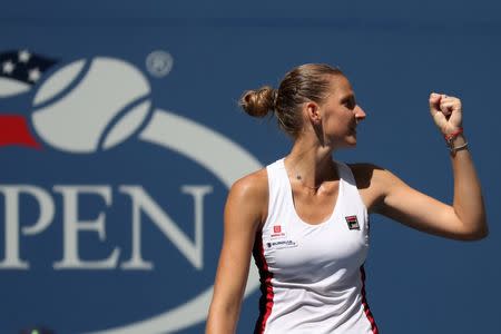 Sep 7, 2016; New York, NY, USA; Karolina Pliskova of the Czech Republic celebrates after winning match point against Ana Konjuh of Croatia (not pictured) on day ten of the 2016 U.S. Open tennis tournament at USTA Billie Jean King National Tennis Center. Pliskova won 6-2, 6-2. Mandatory Credit: Geoff Burke-USA TODAY Sports