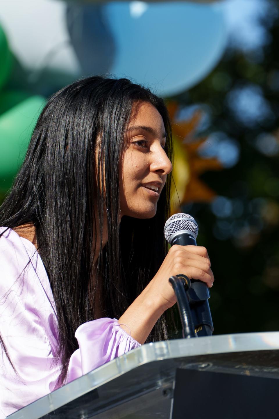 Saiarchana Darira, youth climate activist, speaks at the Earth Day rally held by the Climate Action Campaign on the state Capitol Senate lawn on April 23, 2022, in Phoenix, Ariz.