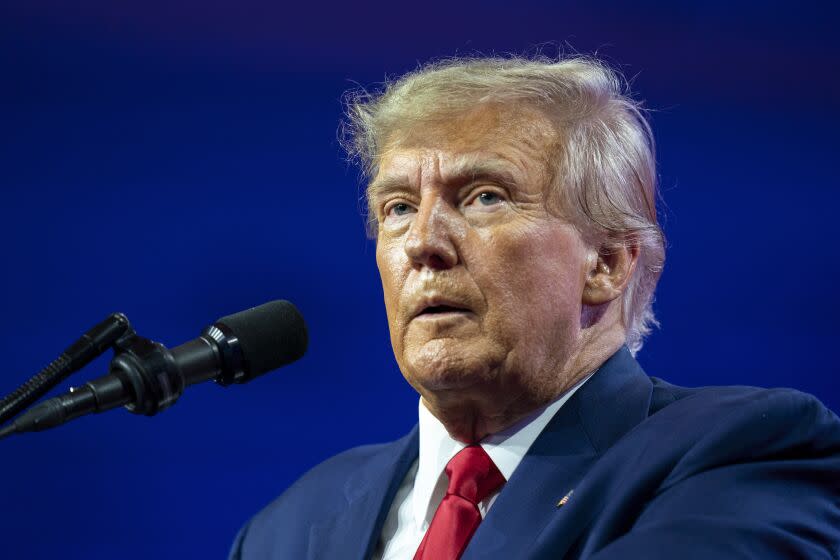 FILE - Former President Donald Trump speaks at the Conservative Political Action Conference, CPAC 2023, March 4, 2023, at National Harbor in Oxon Hill, Md. Trump said in a social media post that he expects to be arrested Tuesday as a New York prosecutor is eyeing charges in a case examining hush money paid to women who alleged sexual encounters with the former president. Trump provided no evidence that suggested he was directly informed of a pending arrest and did not say how he knew of such plans. (AP Photo/Alex Brandon, File)