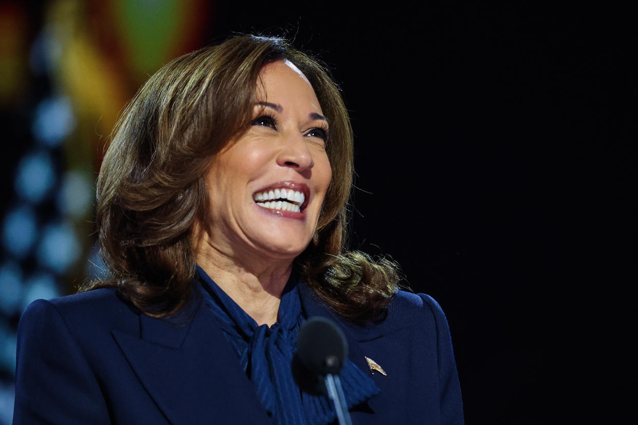 Democratic presidential nominee and U.S. Vice President Kamala Harris laughs on Day 4 of the Democratic National Convention (DNC) at the United Center in Chicago, Illinois, U.S., August 22, 2024. (Kevin Wurm/Reuters)
