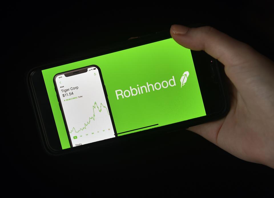 Robinhood trading app on a mobile phone on Jan. 28, 2021, in Arlington, Virginia.